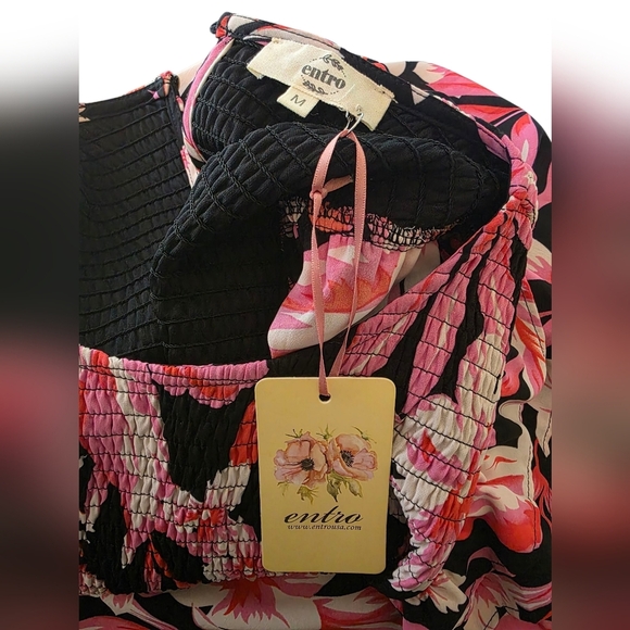 NWT Entro Smocked Hibiscus Floral Pink and Black Ruffle Cap Sleeve Dress Size M - Picture 7 of 10